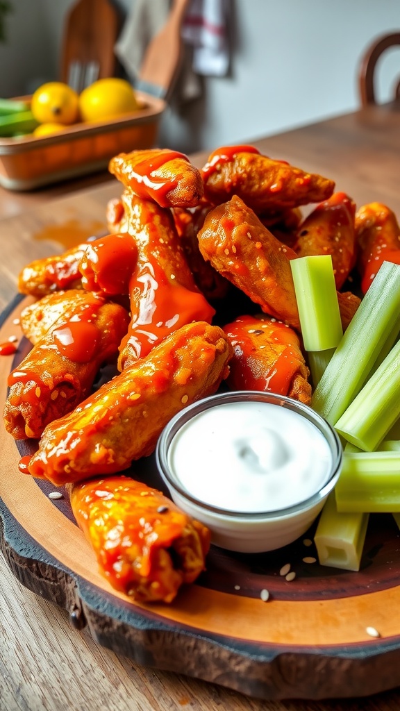 Crispy air fryer chicken wings served with celery sticks and ranch dressing on a rustic platter.